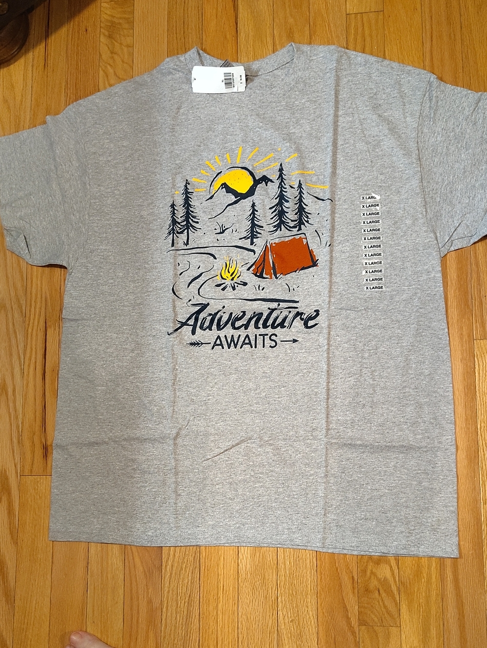 Gildan Gray 'Adventure Awaits' Graphic Tee with Yellow & Orange Accents